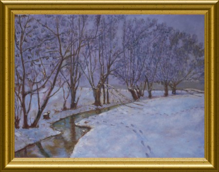 La rivière du Crinchon sous la neige; avec ses vieux Aulnes qui la bordent.